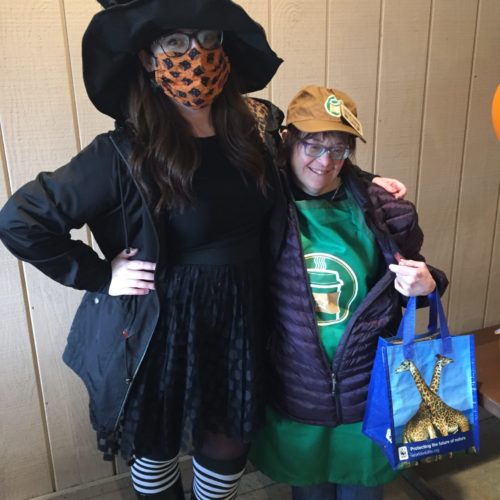Lisa (right) shows off her Barista costume with Alex