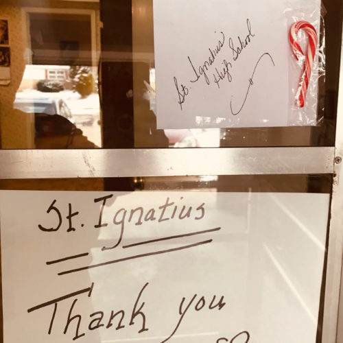 Grace House left a Thank You sign when St. Ignatius left goodie baskets for Christmas